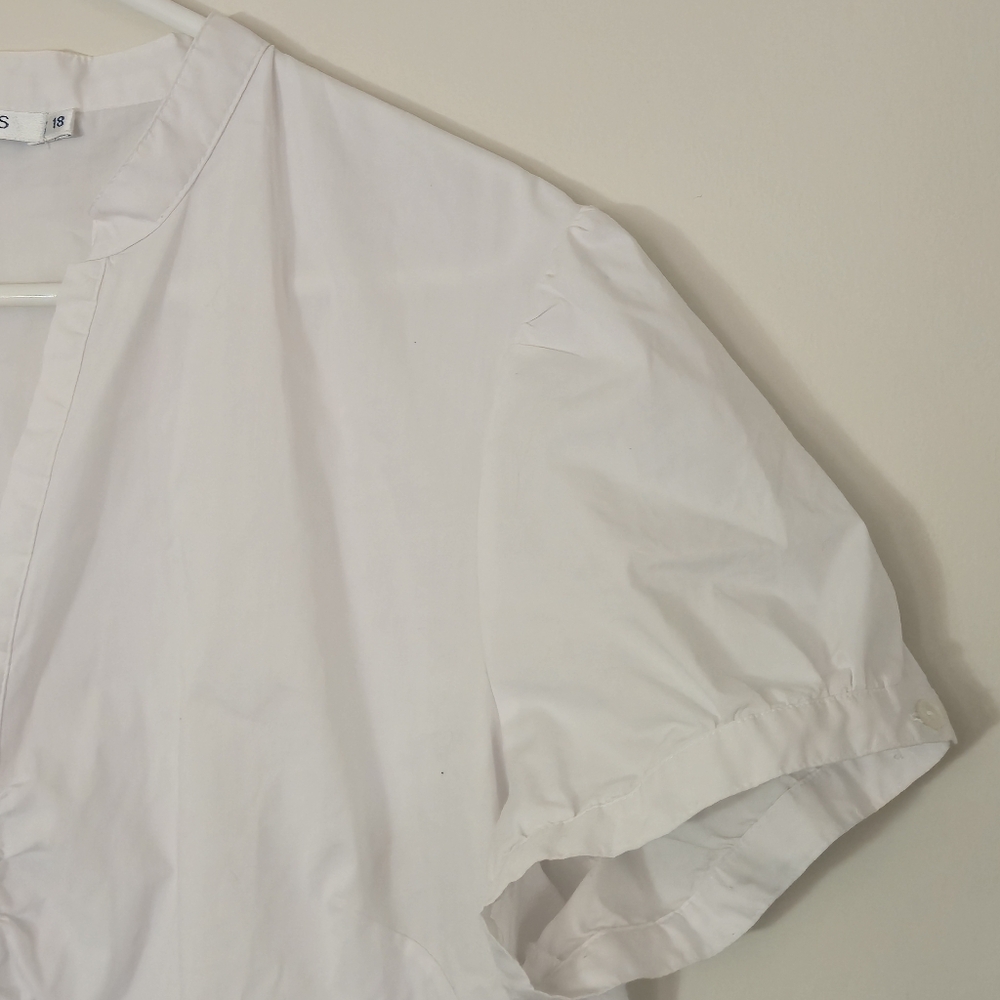 Ricki's Sz 18 White Mandarin Collar Ruched V-Neck Puff Sleeve Blouse Minimalist - Picture 7 of 16